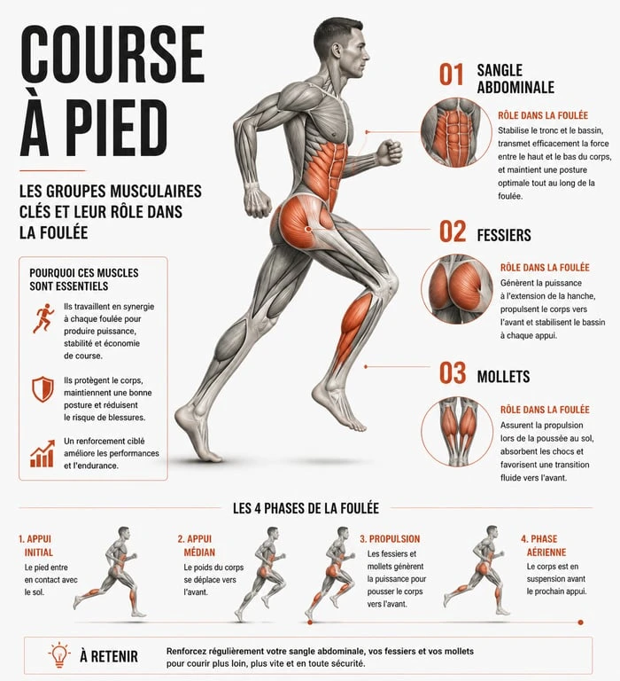 Infographie des groupes musculaires essentiels pour le renforcement musculaire en course à pied