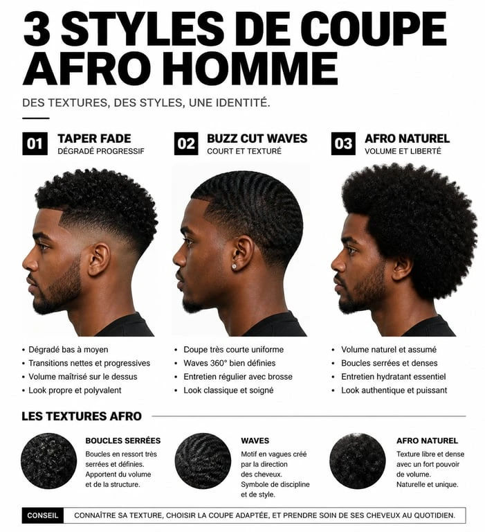 Infographie comparative des styles de coupe afro homme : Taper Fade, Buzz Cut et afro naturel