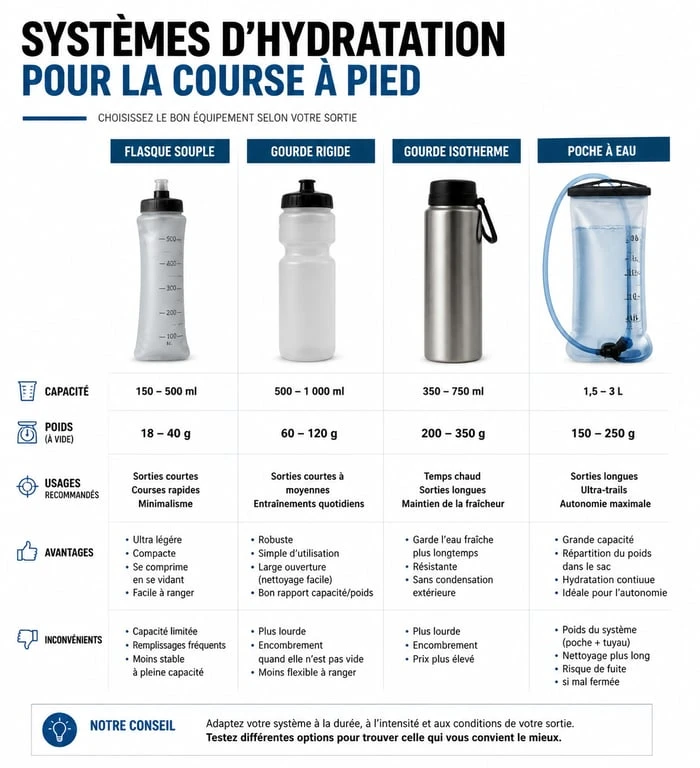 Infographie comparative des systèmes d'hydratation : gourde pour course à pied, flasque souple, poche à eau et bidon rigide.