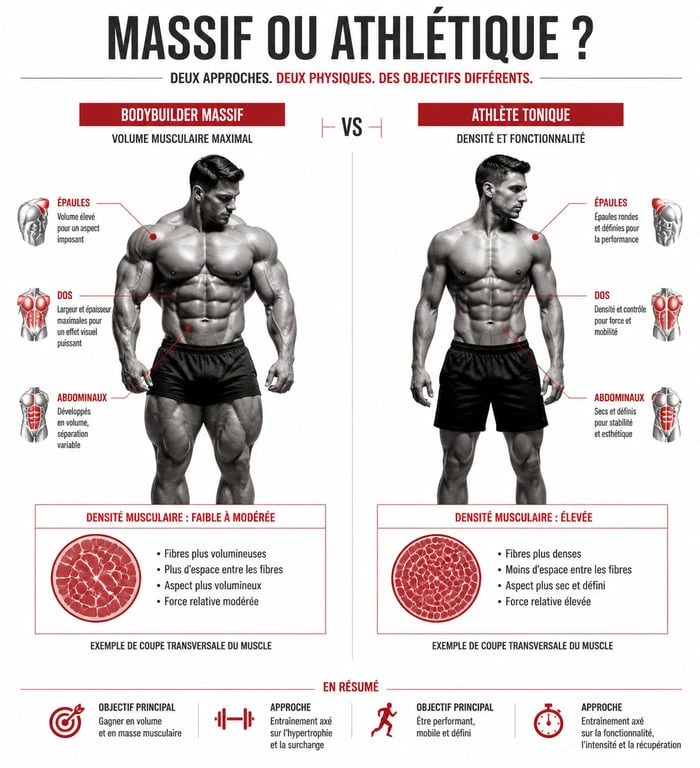 Comparaison visuelle entre un physique de bodybuilder massif et un physique athlétique musclé mais pas trop