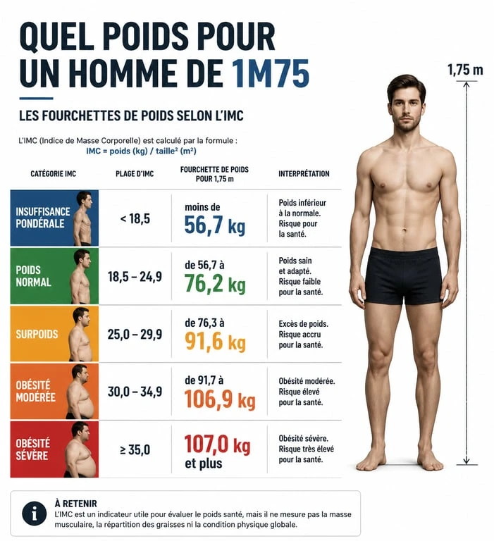 Infographie des fourchettes de poids idéal pour un homme de 1m75 selon l'IMC