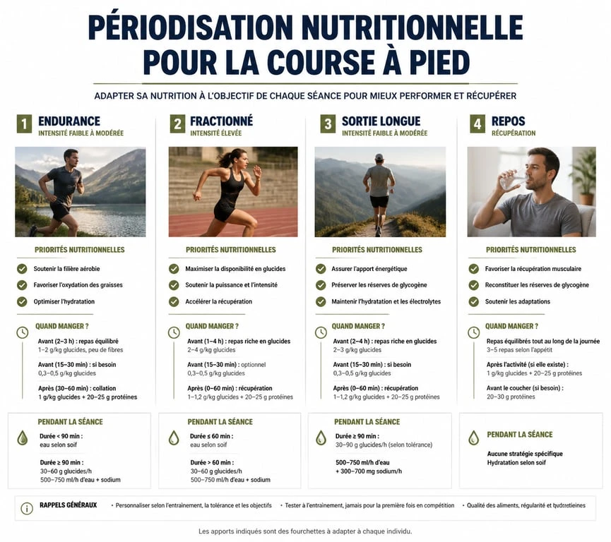 Infographie sur la périodisation de l'alimentation en course à pied selon l'intensité de l'entraînement