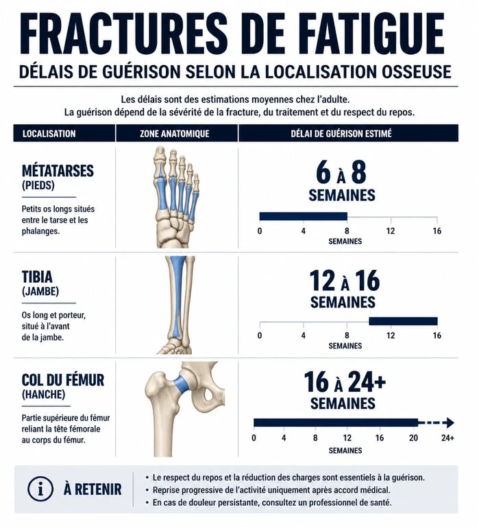 Infographie des délais de guérison d'une fracture de fatigue par zone anatomique