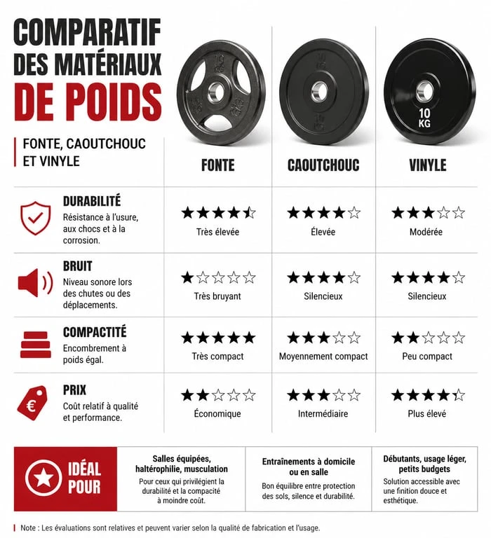 Comparatif des matériaux de poids de musculation : fonte, caoutchouc et vinyle pour choisir ses poids de muscu