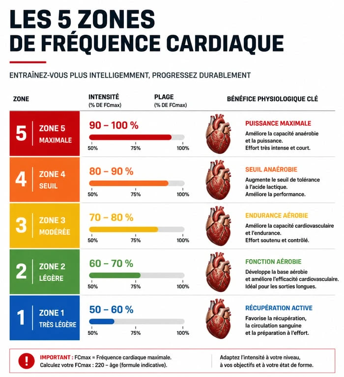 Infographie des 5 zones de fréquence cardiaque pour l'entraînement sportif