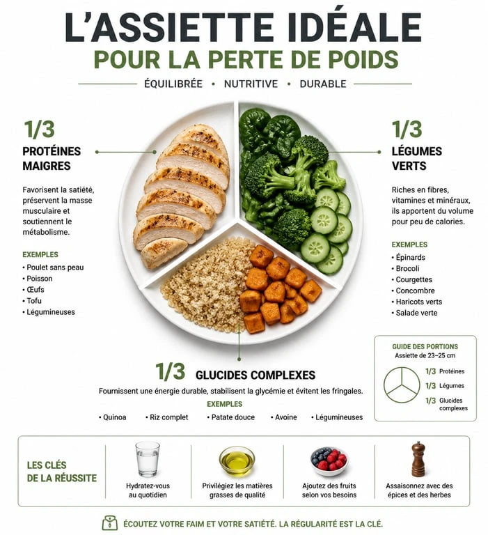 Composition idéale d'une assiette pour un régime équilibré : protéines, légumes et glucides