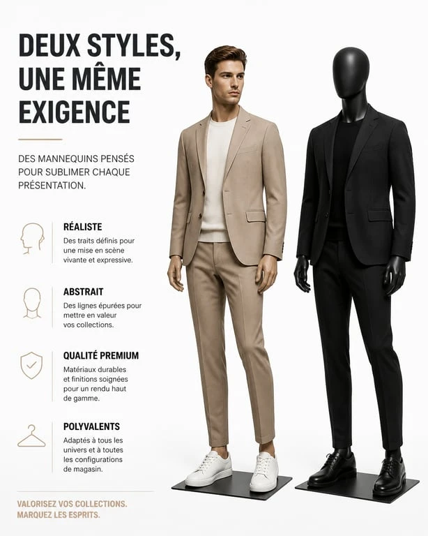 Comparaison de mannequins homme : modèle réaliste et modèle stylisé pour vitrine de magasin