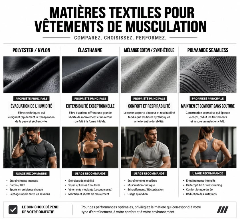 Infographie comparative des matières pour vêtements de musculation homme