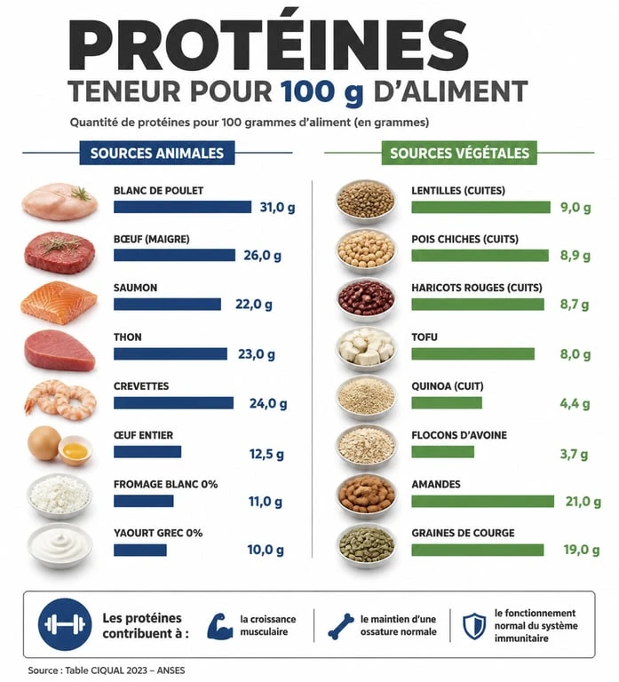 Infographie comparative de la teneur en protéines par aliment pour 100g