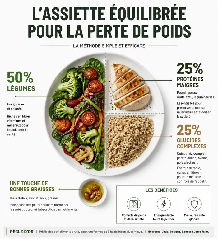 Infographie de l'assiette équilibrée pour perdre du poids sainement