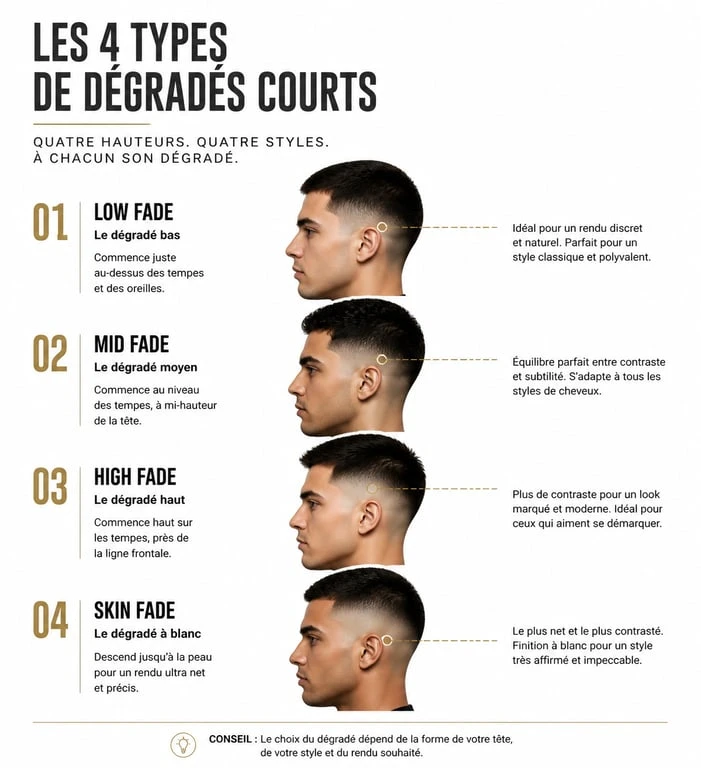 Schéma explicatif des différents types de dégradés courts : Low, Mid, High et Skin Fade