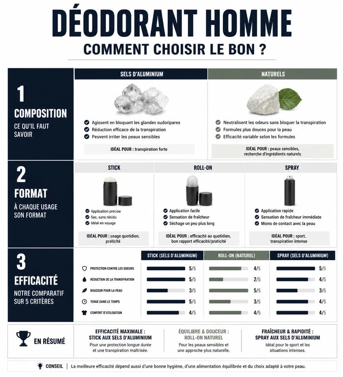 Infographie comparative pour choisir le meilleur déodorant pour homme selon la composition et le format