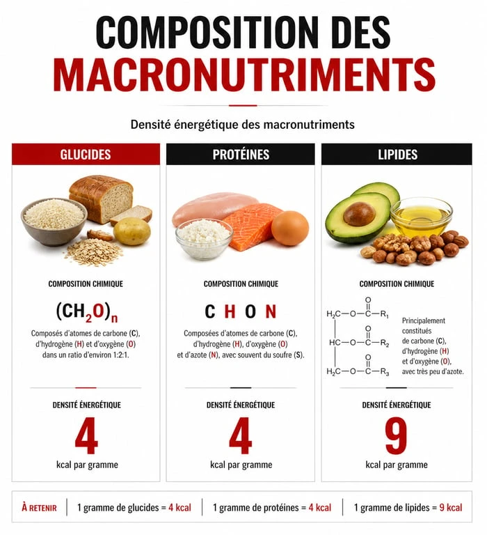 Tableau comparatif des macronutriments : glucides, lipides et protéines