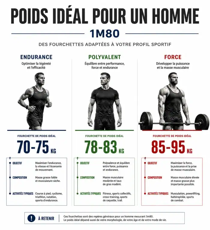 Infographie poids idéal homme 1m80 sportif selon le profil