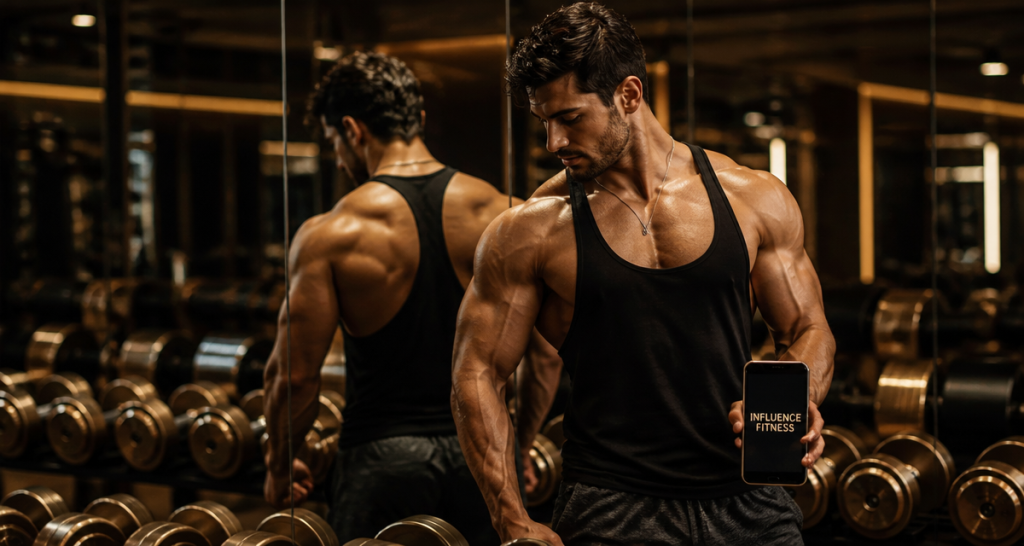 influenceur muscu pose devant miroir salle de sport