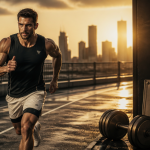 Homme jogging et musculation piste urbaine