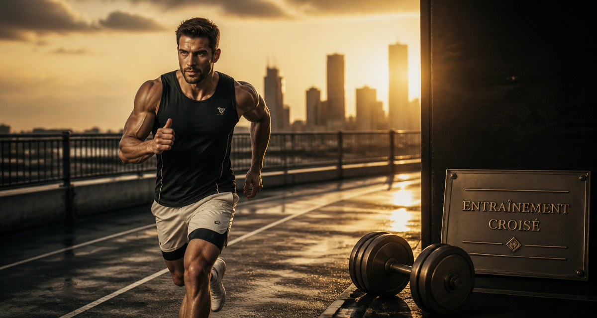 Homme jogging et musculation piste urbaine