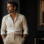 pantalon lin beige pour homme bien ajusté