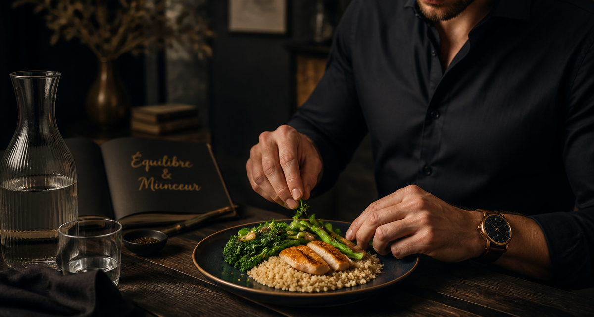 Quoi manger pour maigrir, assiette équilibrée sur table élégante