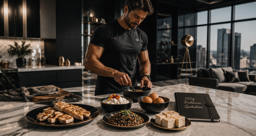 comment manger 150 g de protéine par jour, assiettes variées sur table moderne