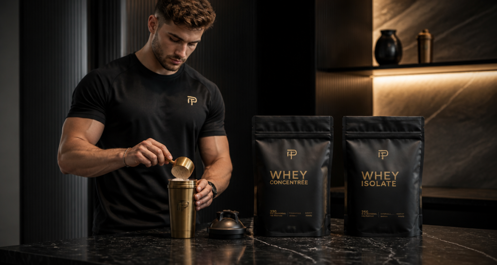 difference whey et isolate sur un comptoir avec shaker