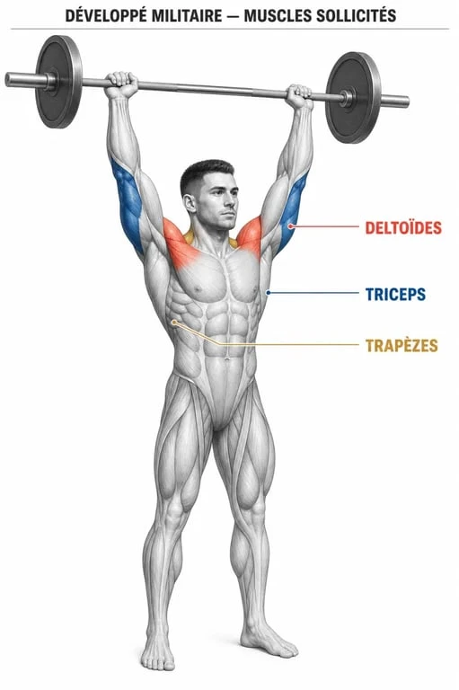 Schéma anatomique des muscles sollicités lors du développé militaire