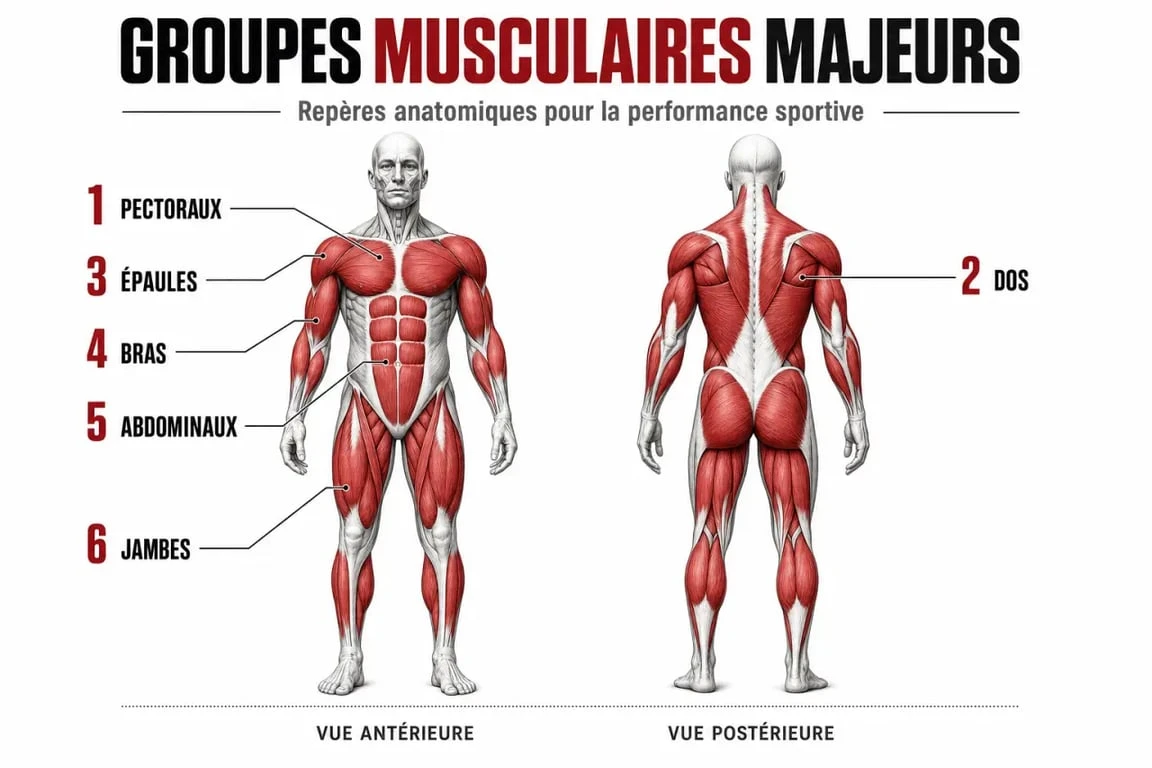 Schéma anatomique des principaux groupes musculaires du corps humain pour le sport