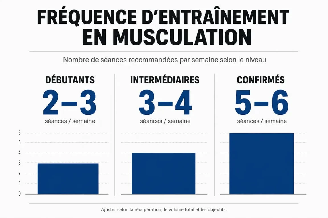 Infographie sur la fréquence d'entraînement en musculation selon le niveau pour progresser efficacement