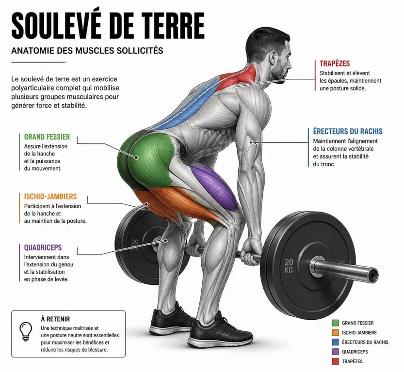 Schéma anatomique des muscles sollicités lors du soulevé de terre