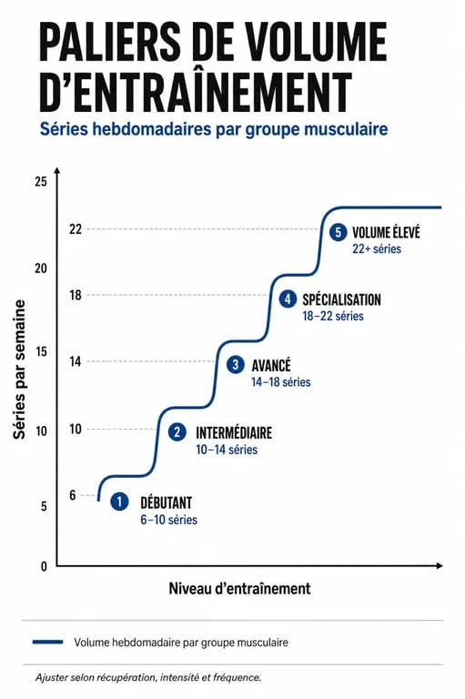 Infographie des recommandations de séries par muscle par semaine pour la musculation