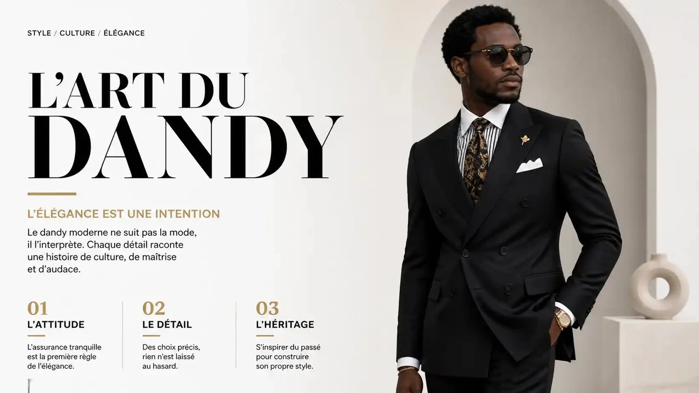 Un dandy noir moderne portant un costume sur mesure élégant, illustrant le concept de dandysme noir.
