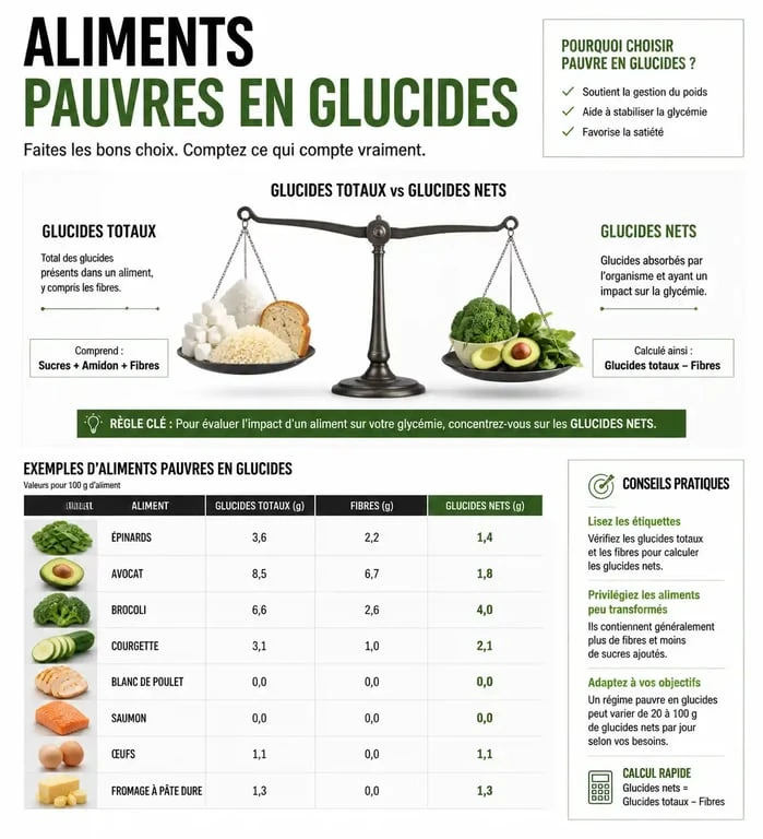 Infographie explicative sur les aliments pauvres en glucides et le calcul des glucides nets pour le suivi nutritionnel