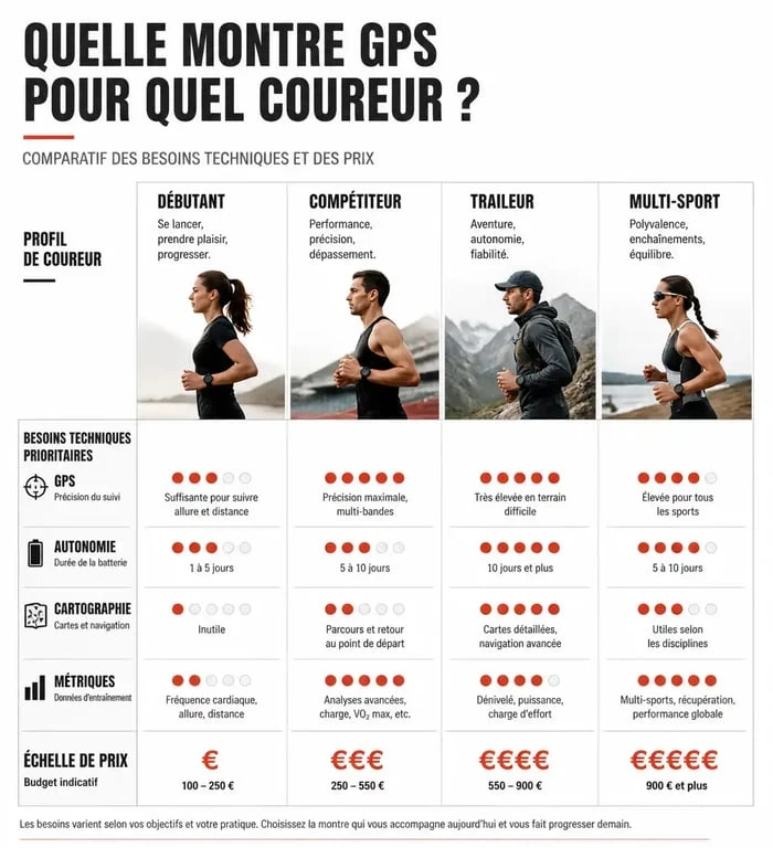 Infographie comparative des meilleures montres running par profil sportif pour choisir sa montre GPS.