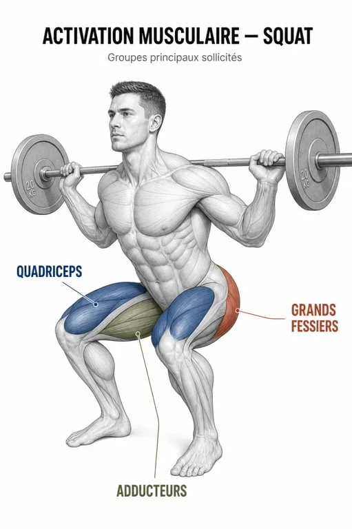 Schéma anatomique des muscles sollicités lors du squat