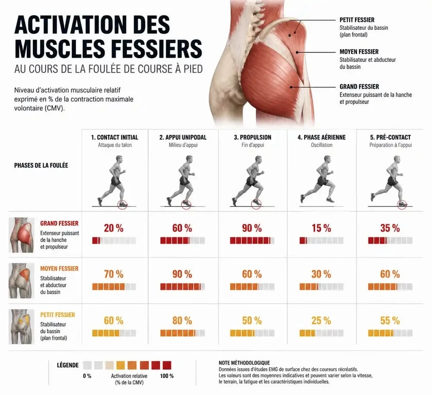 Infographie montrant l'activation des muscles fessiers lors de la course à pied pour muscler ses fessiers