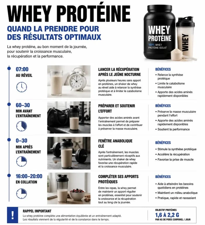 Infographie sur les moments optimaux pour prendre de la whey protéine selon les objectifs sportifs