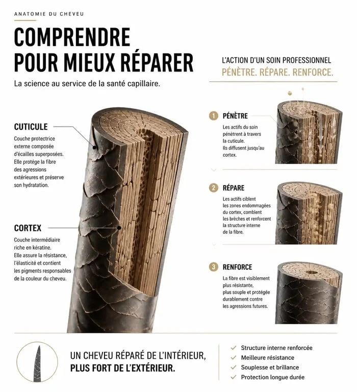 Infographie expliquant l'action d'un soin cheveux en salon sur la structure de la fibre capillaire