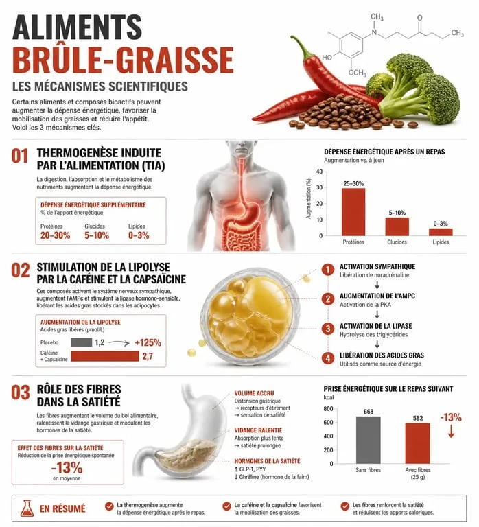 Infographie explicative sur les mécanismes biologiques des aliments brûle-graisse pour la perte de poids