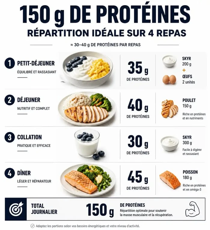 Infographie montrant comment répartir 150 g de protéines par jour dans son alimentation