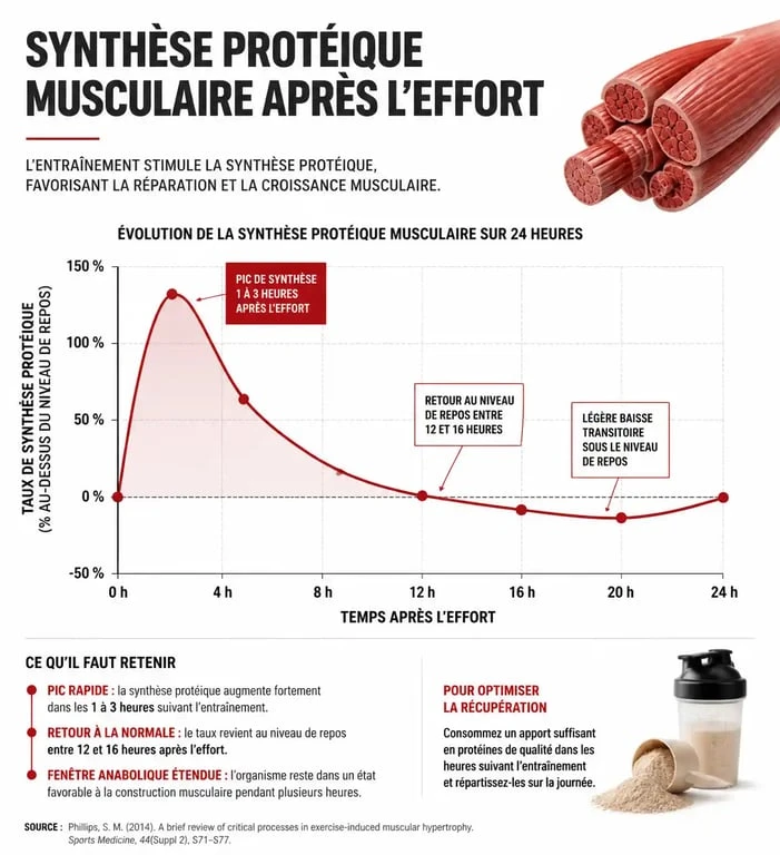 Infographie sur le timing optimal de consommation de protéines pour la synthèse musculaire