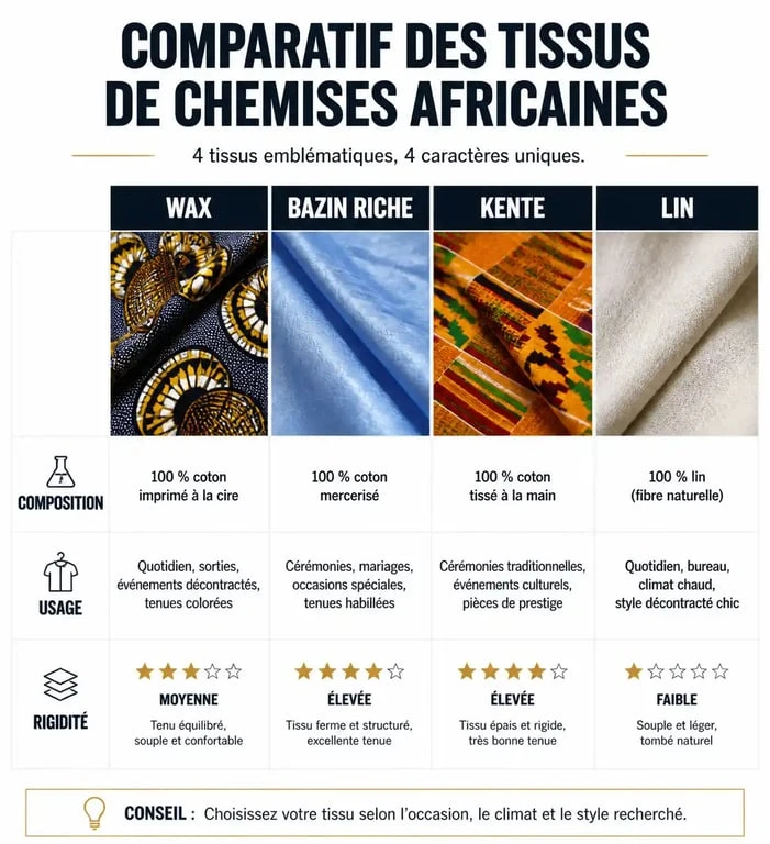 Infographie comparative des tissus pour chemise africaine homme : Wax, Bazin, Kente et Lin