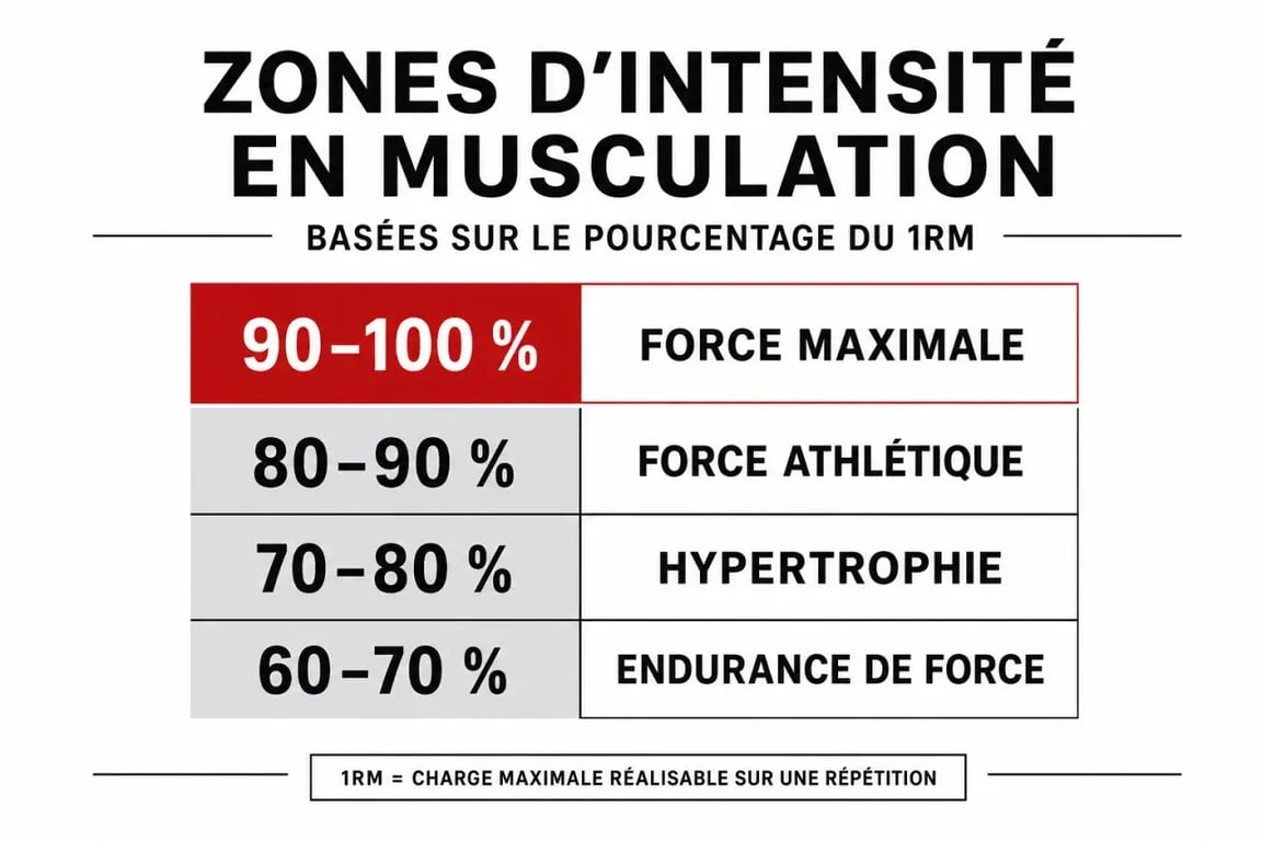 Infographie des zones d'intensité en musculation basées sur le calcul du 1RM