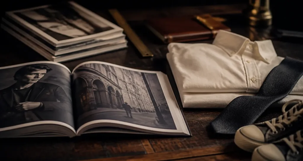 Magazine mode pour homme sur un bureau en bois, chemise ivoire et cravate anthracite