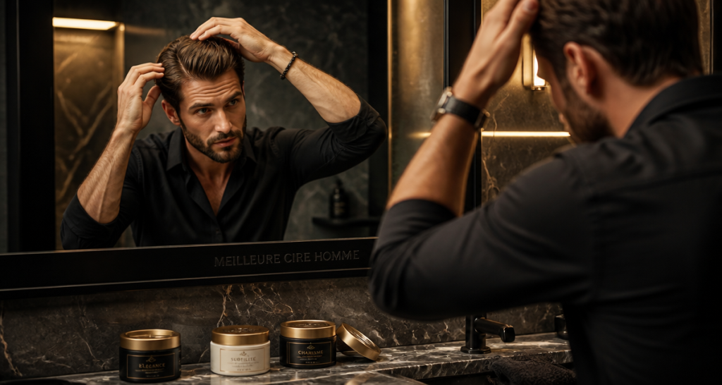 meilleur cire cheveux homme sur plan marbre salle de bain