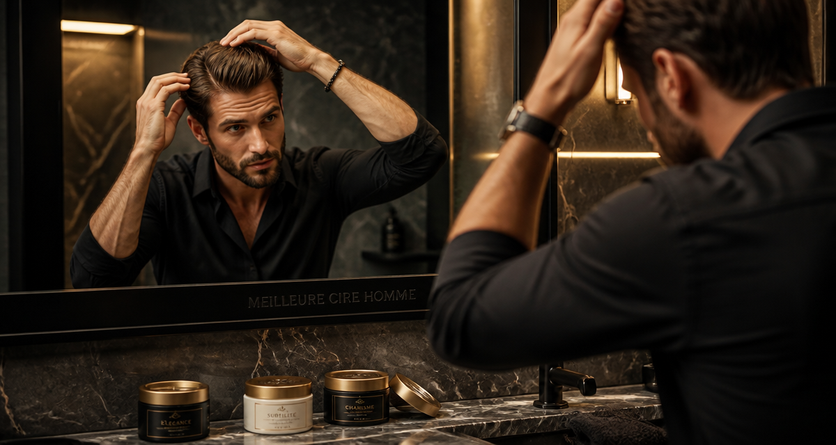 meilleur cire cheveux homme sur plan marbre salle de bain
