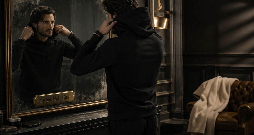 sweat a capuche noir homme devant miroir