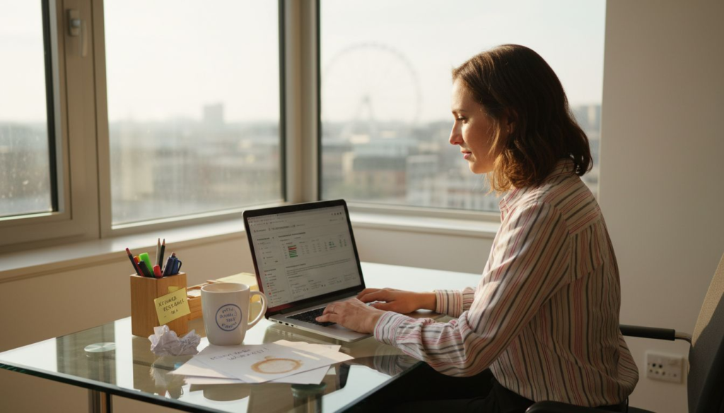 Manager setting up Google Ads campaign in bright office