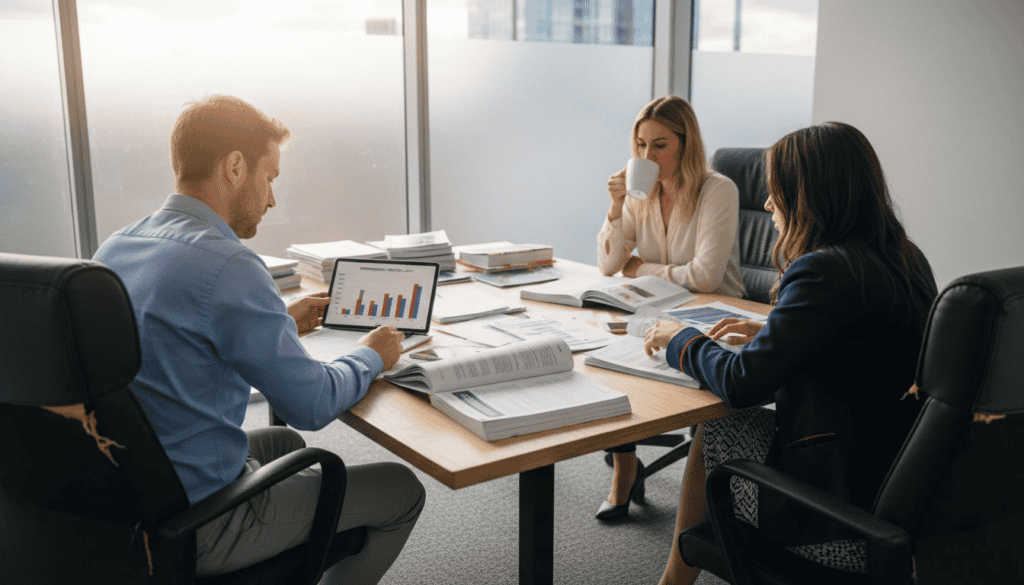 Marketing team discussing campaign plans at table