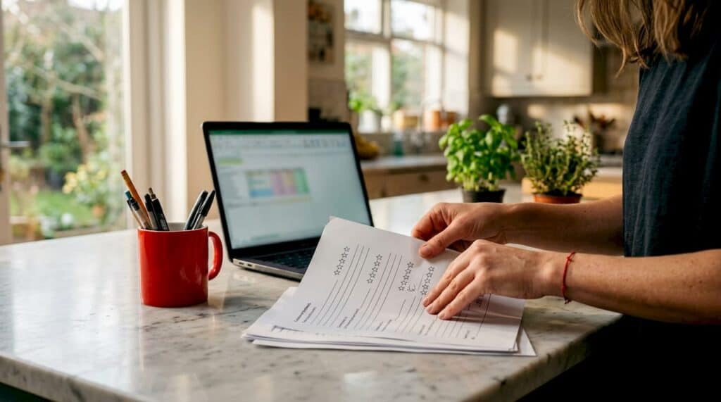 Hands holding printed customer reviews on table