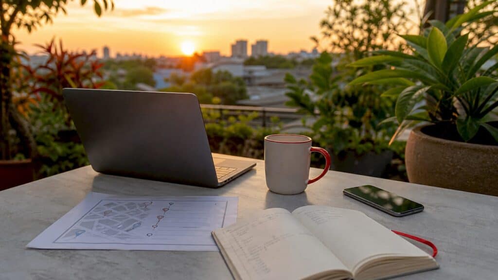 Desk with laptop, smartphone, and Google Maps ranking checklist